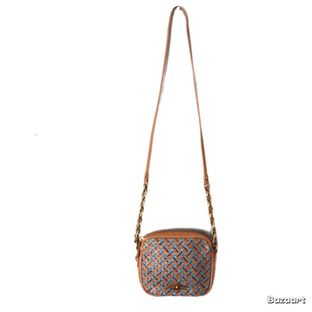 Elliott Lucca Brown Blue Weave Leather Crossbody Purse Bag brass gold chain zip - Picture 2 of 11